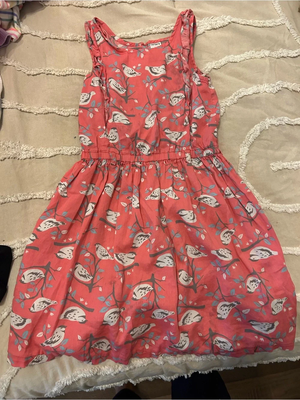 Carter's Coral Bird-Print Ruffle-Trim Dress